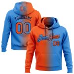 Custom Name Number Electric Blue Orange-Black Gradient Sports Hoodie Pullover Sweatshirt - Personalized Team Apparel Personalized
