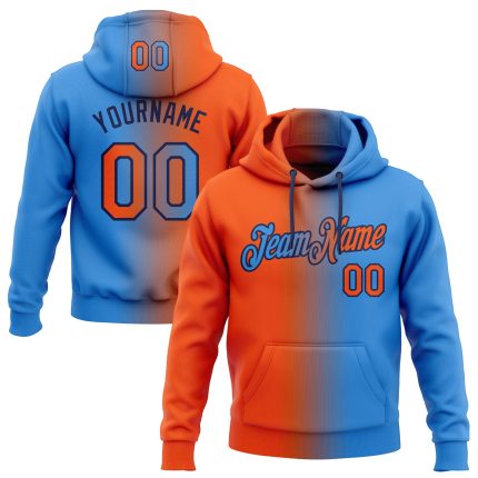 Custom Name Number Electric Blue Orange-Black Gradient Sports Hoodie Pullover Sweatshirt - Personalized Team Apparel Personalized