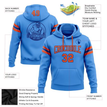 Custom Team Name Electric Blue Orange-Royal Hoodie Sweatshirt with Stitched Number - Personalized Football Apparel Personalized