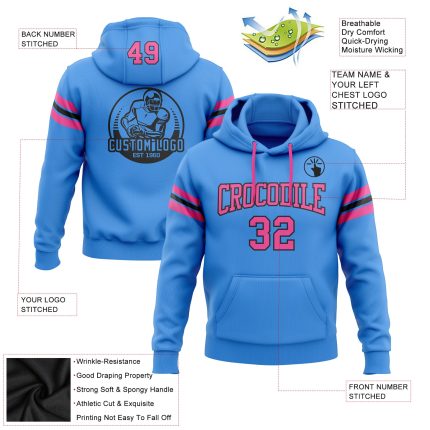 Custom Name Number Hoodie Electric Blue Pink-Black Football Pullover Sweatshirt Personalized for Team Support Personalized