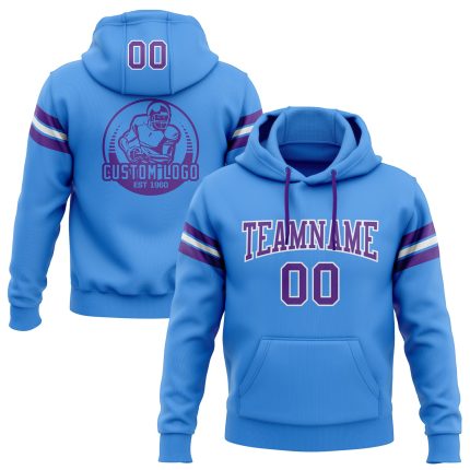 Custom Electric Blue Purple-White Football Hoodie with Personalized Name & Number - Stitched Pullover Sweatshirt Personalized