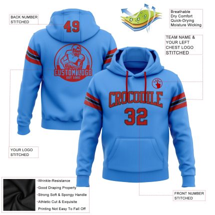 Custom Electric Blue Red-Black Hoodie with Name and Number | Personalized Stitched Football Pullover Sweatshirt Personalized