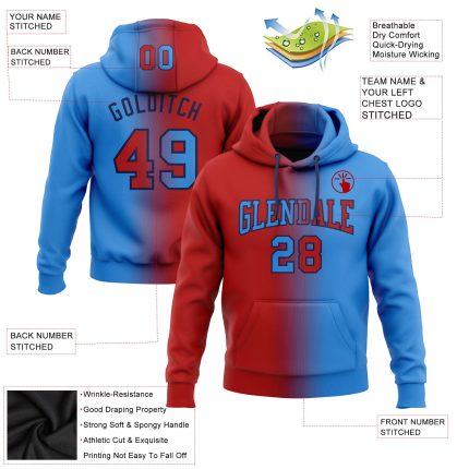 Custom Name Number Sports Hoodie Pullover Sweatshirt Electric Blue Red-Navy Gradient Fashion Style Personalized Stitched