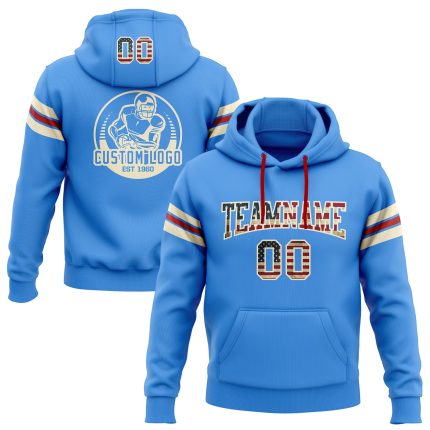 Custom Electric Blue Vintage USA Flag Hoodie with Stitched Name & Number - Cream & Red Football Pullover Sweatshirt Personalized