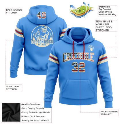 Custom Electric Blue Vintage USA Flag Hoodie with Stitched Name & Number - Cream & Red Football Pullover Sweatshirt Personalized