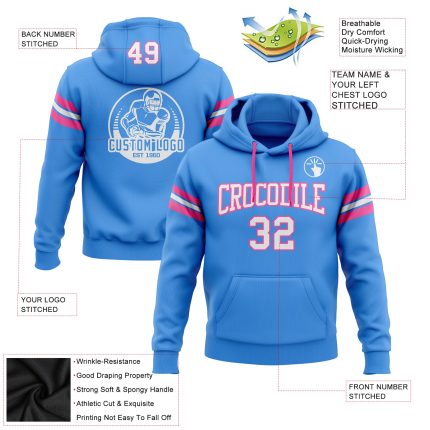 Custom Electric Blue Pullover Hoodie for Football - Personalized White-Pink Sweatshirt with Team Name & Number Personalized