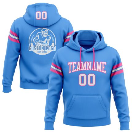 Custom Electric Blue Pullover Hoodie for Football - Personalized White-Pink Sweatshirt with Team Name & Number Personalized