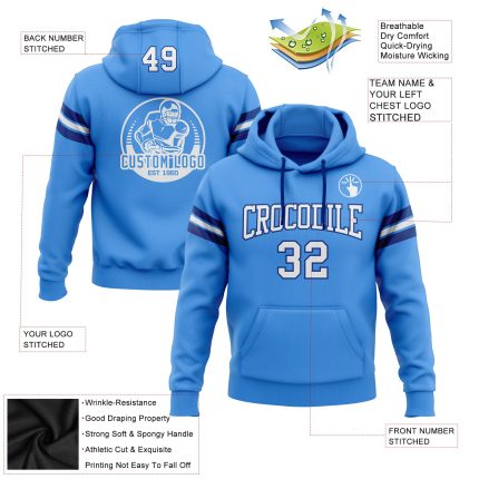 Custom Electric Blue White-Royal Football Hoodie with Stitched Name & Number - Personalized Pullover Sweatshirt Personalized