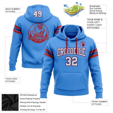 Custom Name Number Electric Blue Royal Red Hoodie Football Sweatshirt Pullover - Personalized Stitched Team Apparel Personalized