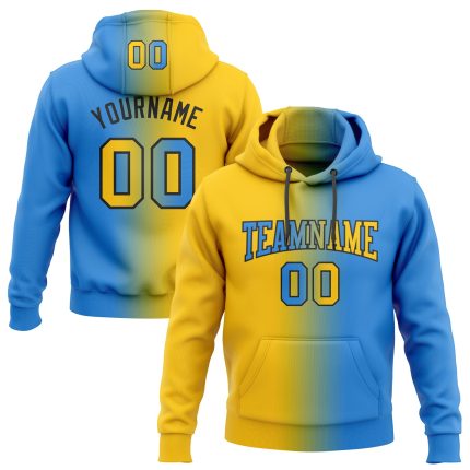 Custom Name Number Electric Blue Yellow Gradient Sports Hoodie Pullover Sweatshirt - Personalized Fashion Team Gear Personalized