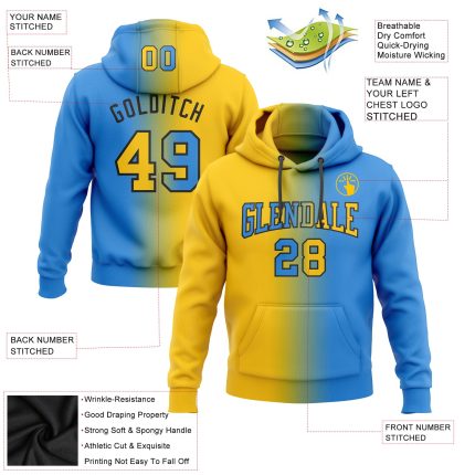 Custom Name Number Electric Blue Yellow Gradient Sports Hoodie Pullover Sweatshirt - Personalized Fashion Team Gear Personalized