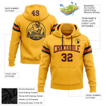 Custom Name Number Football Hoodie Sweatshirt in Stitched Gold Black-Orange Design - Personalized Team Apparel Personalized