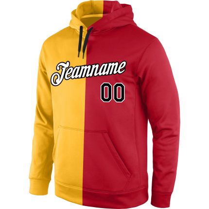 Custom Team Name Number Pullover Hoodie Sweatshirt - Stitched Gold Black-Red Fashion Sports Personalized Stitched Gold Black-Red