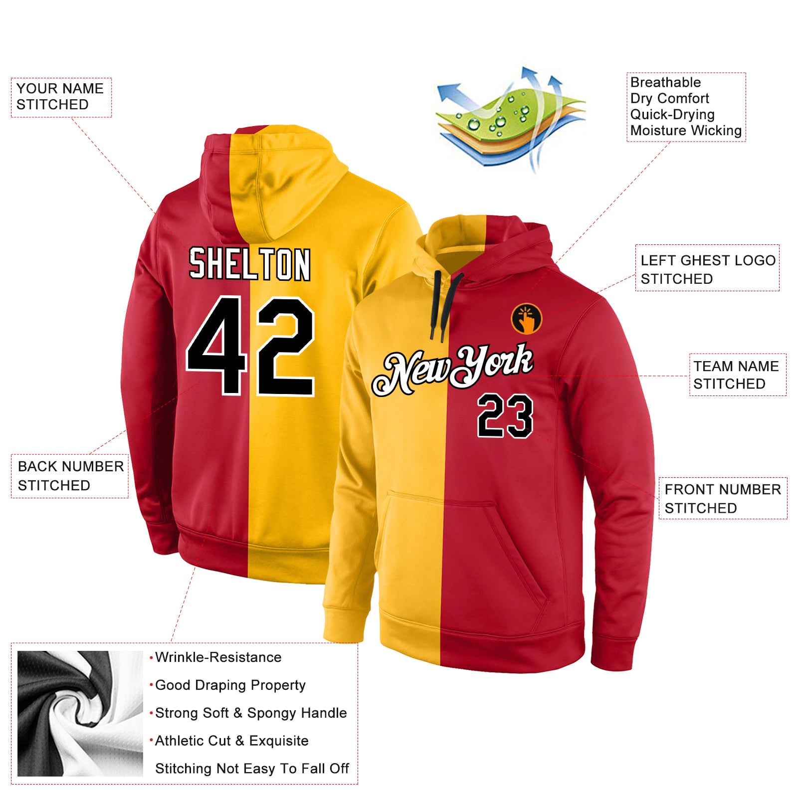 Personalized Stitched Gold Black-Red Split Fashion Sports Pullover Sweatshirt Hoodie Team Custom Name and Number Custom Team Name Number Pullover Hoodie Sweatshirt - Stitched Gold Black-Red Fashion Sports Personalized Stitched Gold Black-Red - Image 4