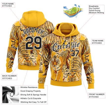 Custom 3D Tiger Sports Hoodie Sweatshirt with Personalized Name and Number - Gold Black-White Stitched Design Personalized