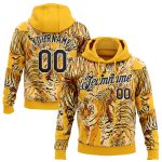 Custom 3D Tiger Sports Hoodie Sweatshirt with Personalized Name and Number - Gold Black-White Stitched Design Personalized