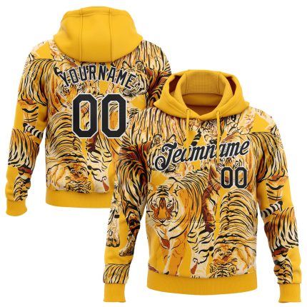 Custom 3D Tiger Sports Hoodie Sweatshirt with Personalized Name and Number - Gold Black-White Stitched Design Personalized