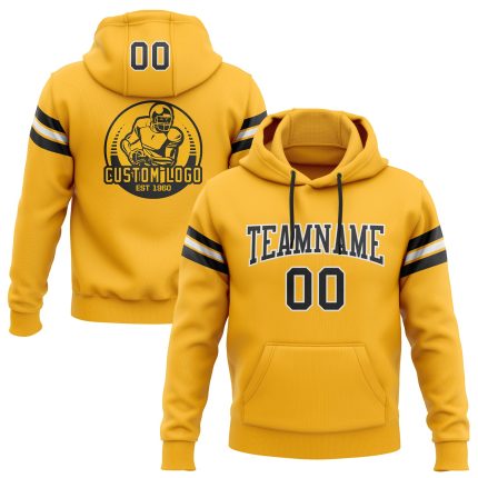 Custom Football Hoodie Pullover Sweatshirt with Personalized Name and Number - Stitched Gold Black White Design Personalized