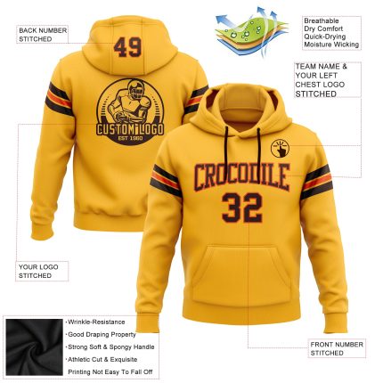 Custom Team Hoodie with Stitched Name & Number - Gold Brown-Orange Football Pullover Sweatshirt Personalized Stitched Gold