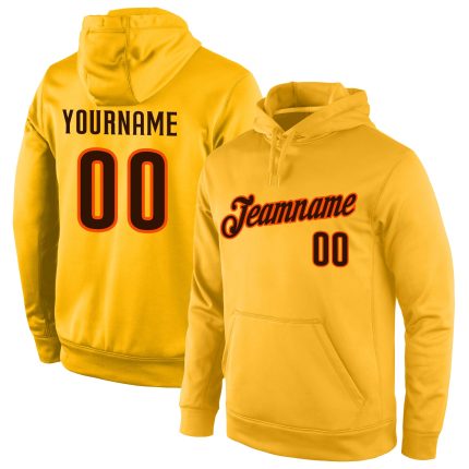 Custom Sports Hoodie with Personalized Name and Number, Gold Brown-Orange Stitched Pullover Sweatshirt Personalized Stitched