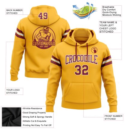 Custom Name and Number Football Pullover Hoodie, Stitched Gold Crimson-White Team Sweatshirt Personalized Stitched Gold Crimson-White