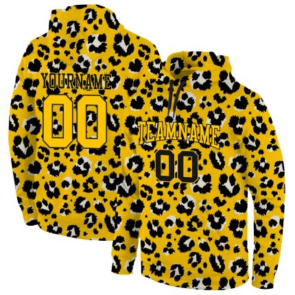 Custom Leopard Print Pullover Hoodie with Personalized Name & Number - Stitched Gold-Black 3D Pattern Sweatshirt Personalized