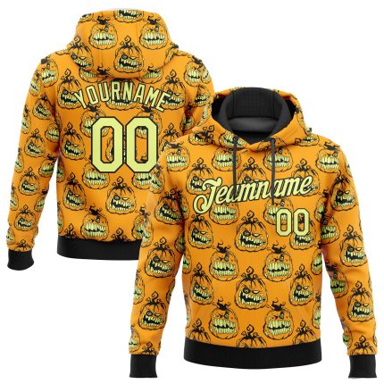 Custom Name Number Smiling Pumpkin Halloween Hoodie, Personalized 3D Pattern Gold Black Sports Pullover Sweatshirt Personalized