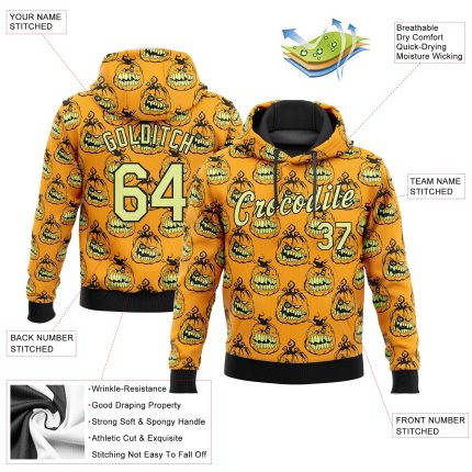 Custom Name Number Smiling Pumpkin Halloween Hoodie, Personalized 3D Pattern Gold Black Sports Pullover Sweatshirt Personalized