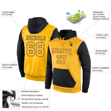 Personalized Gold-Black Sports Hoodie, Stitched Pullover Sweatshirt for Men and Women Personalized Stitched Gold Gold-Black