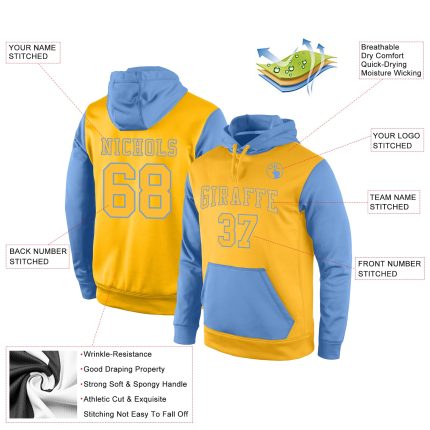 Custom Name Number Sports Hoodie Personalized Stitched Gold Light Blue Pullover Sweatshirt - Team Apparel Personalized Stitched