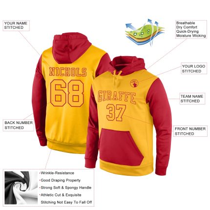 Custom Gold-Red Sports Pullover Hoodie with Name and Number - Personalized Stitched Sweatshirt Personalized Stitched Gold