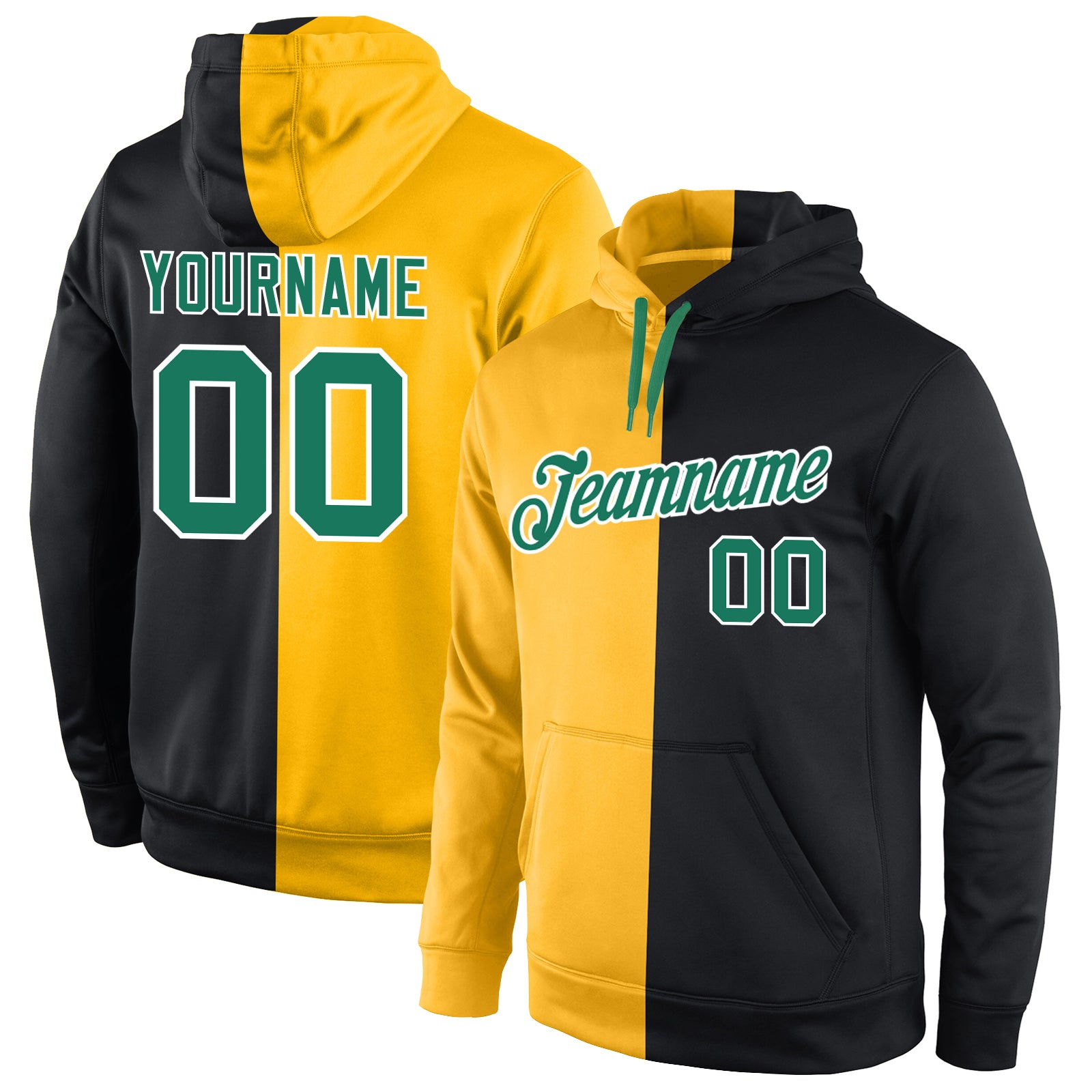 Custom Name Number Hoodie Sweatshirt - Personalized Gold Kelly Green Black Split Fashion Sports Pullover Personalized Stitched