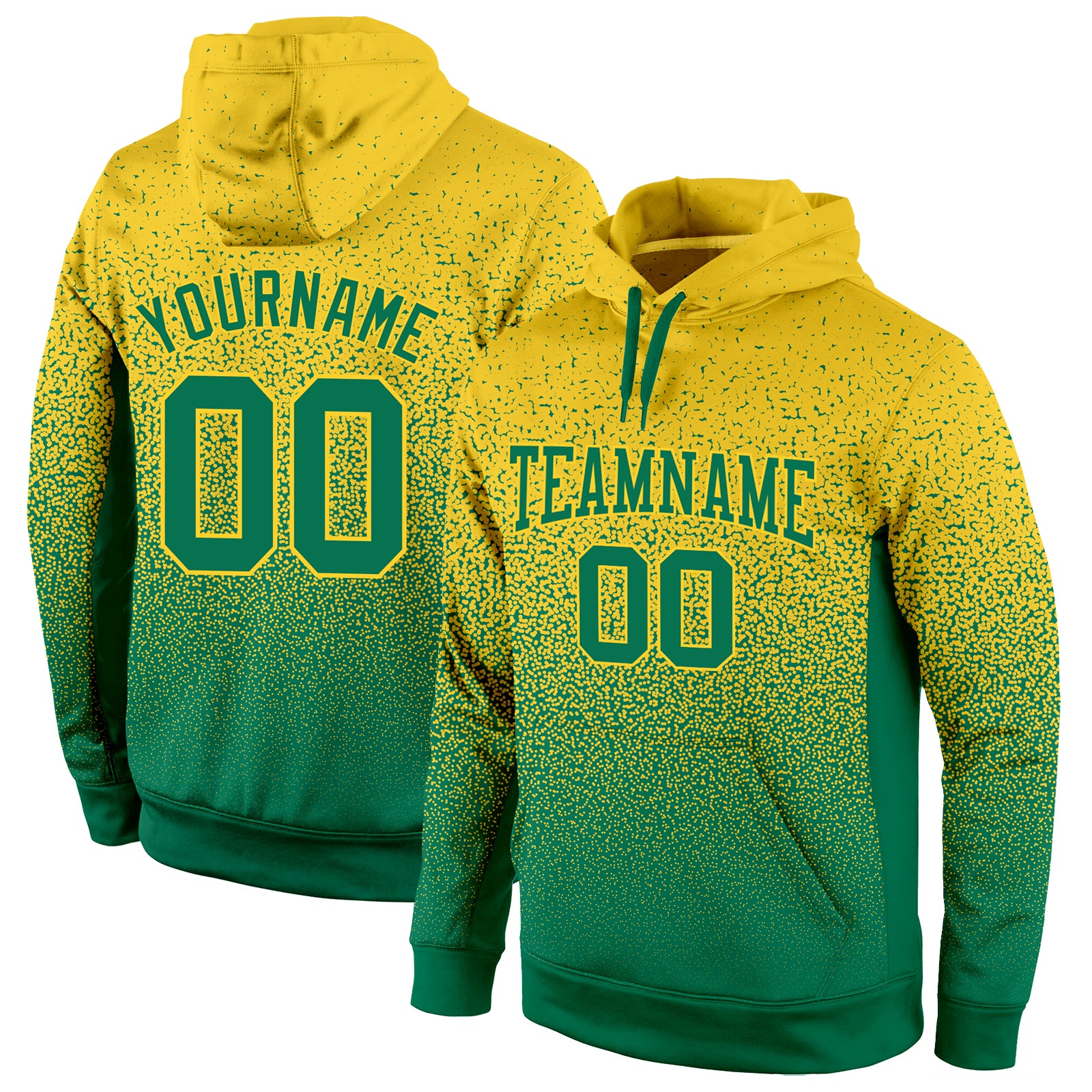 Custom Name and Number Stitched Sports Hoodie in Kelly Green Fade - Personalized Gold Pullover Sweatshirt Personalized Stitched