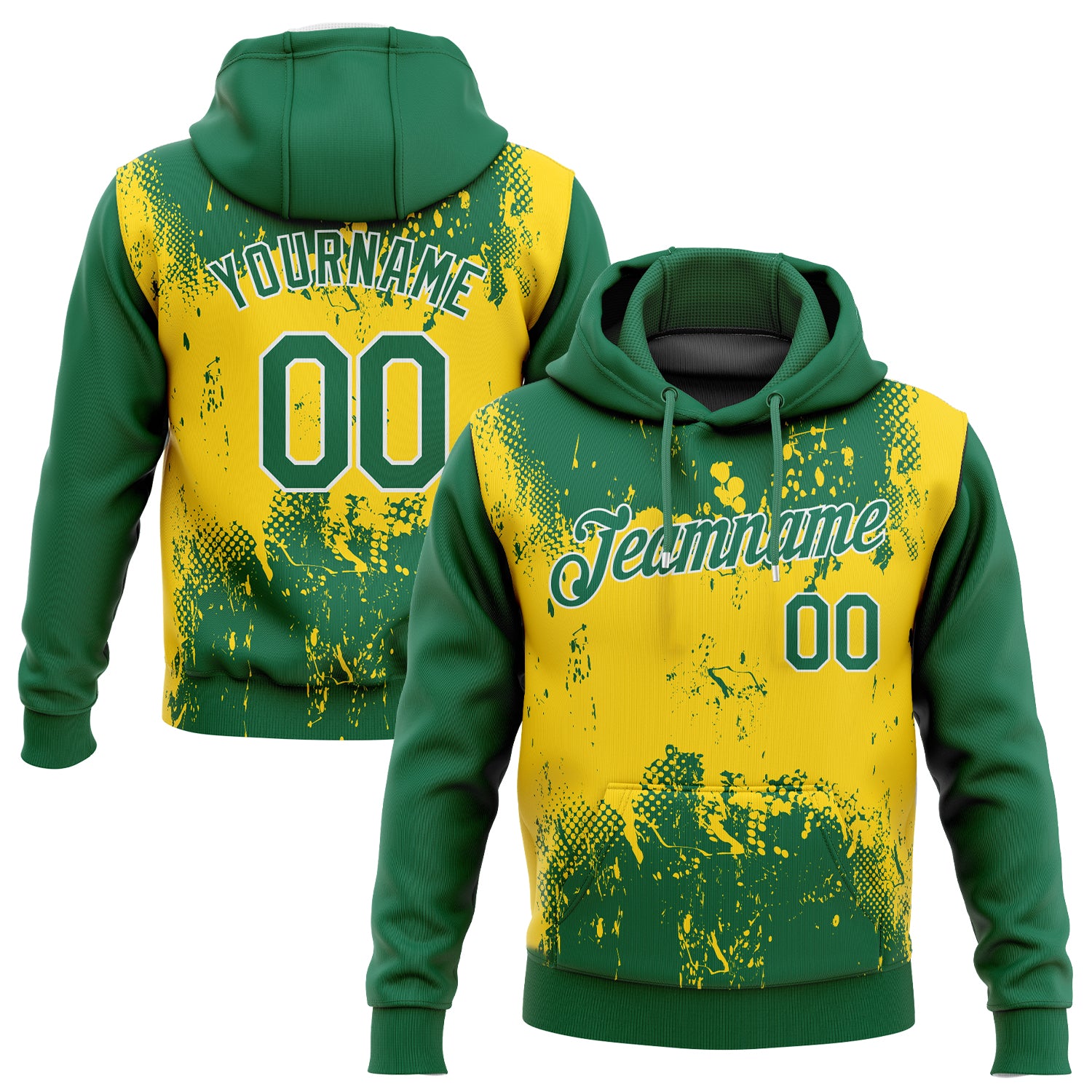 Custom Stitched Sports Hoodie in Gold Green-White 3D Design with Name & Number - Personalized Pullover Sweatshirt Personalized