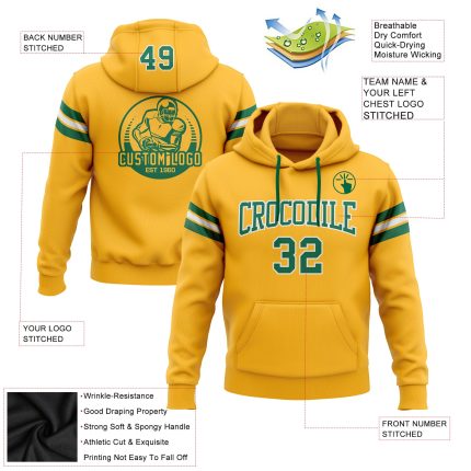Custom Name and Number Gold Kelly Green White Football Hoodie Sweatshirt - Personalized Stitched Team Apparel Personalized
