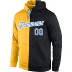 Custom Name and Number Personalized Gold Split Pullover Hoodie Sweatshirt for Team, Light Blue and Black Fashion Sportswear