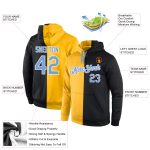 Custom Name and Number Personalized Gold Split Pullover Hoodie Sweatshirt for Team, Light Blue and Black Fashion Sportswear