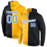 Custom Name and Number Personalized Gold Split Pullover Hoodie Sweatshirt for Team, Light Blue and Black Fashion Sportswear