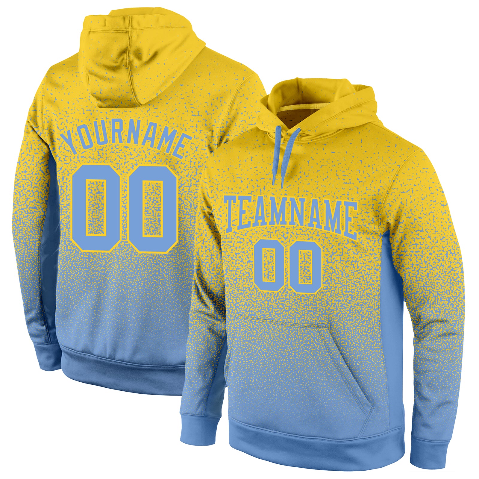 Custom Stitched Sports Hoodie with Name & Number - Gold Light Blue Fade Pullover Sweatshirt Personalized Stitched Gold Light