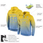 Custom Stitched Sports Hoodie with Name & Number - Gold Light Blue Fade Pullover Sweatshirt Personalized Stitched Gold Light