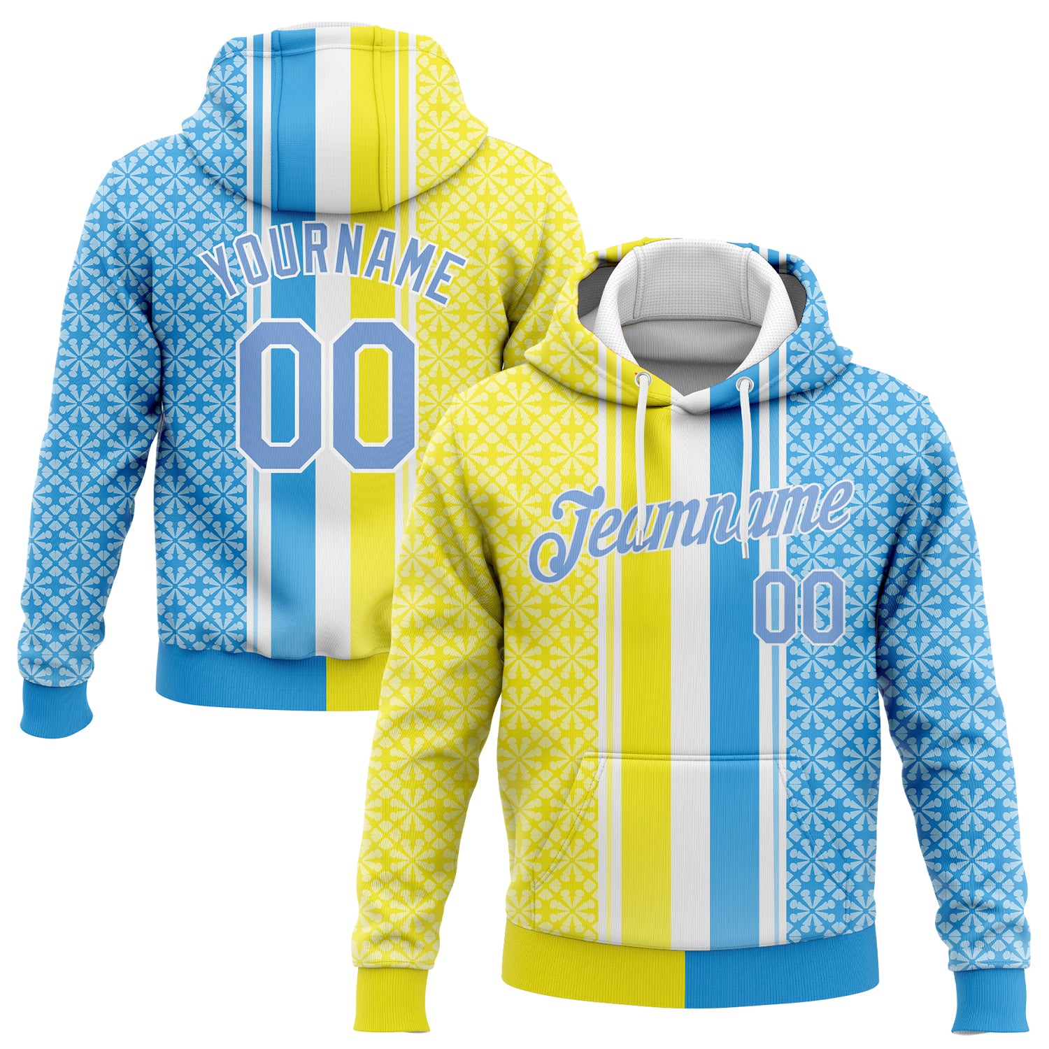 Custom Name Number Hoodie - Personalized Gold Light Blue-White 3D Pattern Design Sports Pullover Sweatshirt Personalized