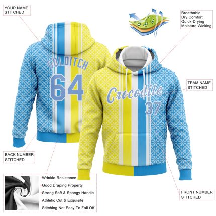 Custom Name Number Hoodie - Personalized Gold Light Blue-White 3D Pattern Design Sports Pullover Sweatshirt Personalized