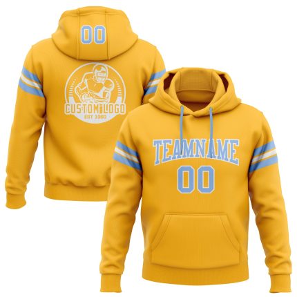Custom Name and Number Stitched Gold Light Blue-White Football Hoodie Sweatshirt Pullover Personalized Stitched Gold Light