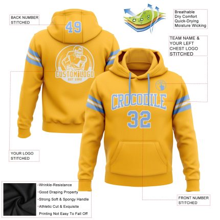 Custom Name and Number Stitched Gold Light Blue-White Football Hoodie Sweatshirt Pullover Personalized Stitched Gold Light