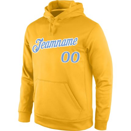 Custom Stitched Sports Hoodie Personalized Gold Light Blue-White Pullover Sweatshirt with Team Name and Number Personalized