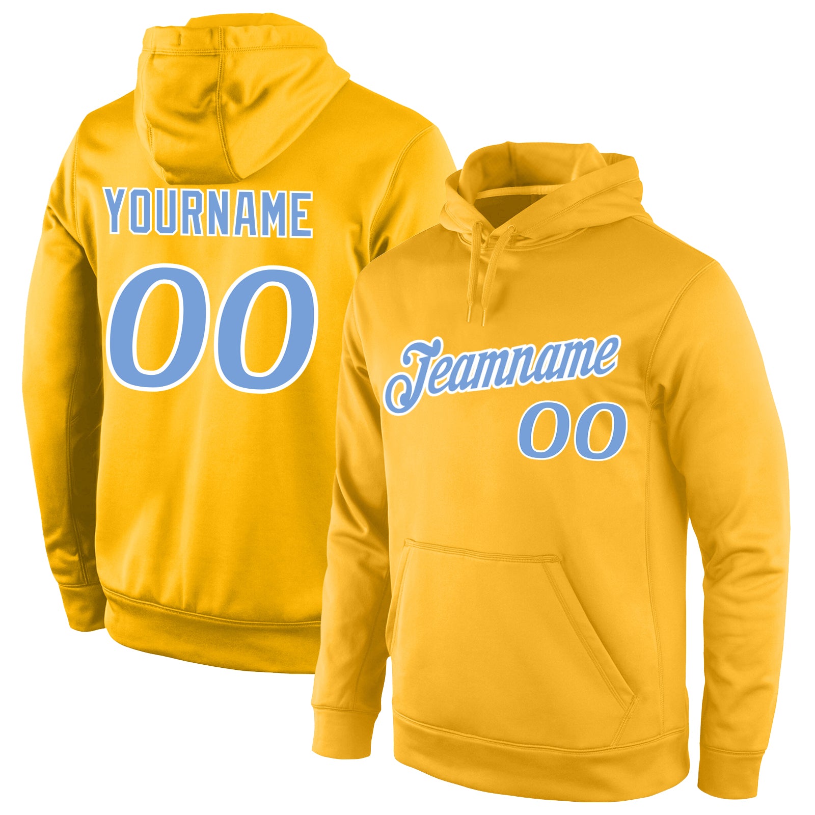 Custom Stitched Sports Hoodie Personalized Gold Light Blue-White Pullover Sweatshirt with Team Name and Number Personalized