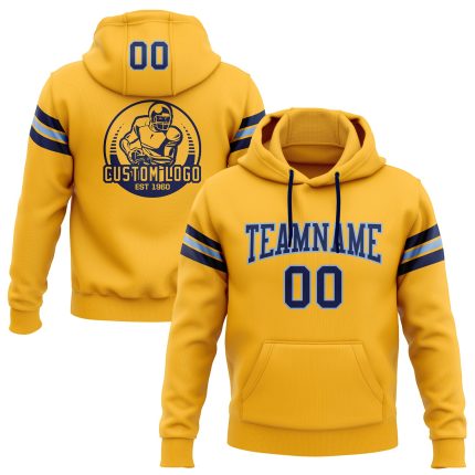 Custom Personalized Gold Navy-Light Blue Football Hoodie Pullover Sweatshirt with Name and Number Personalized Stitched Gold
