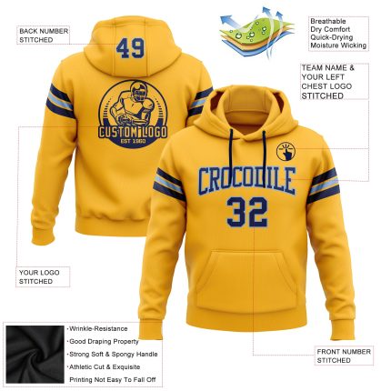 Custom Personalized Gold Navy-Light Blue Football Hoodie Pullover Sweatshirt with Name and Number Personalized Stitched Gold
