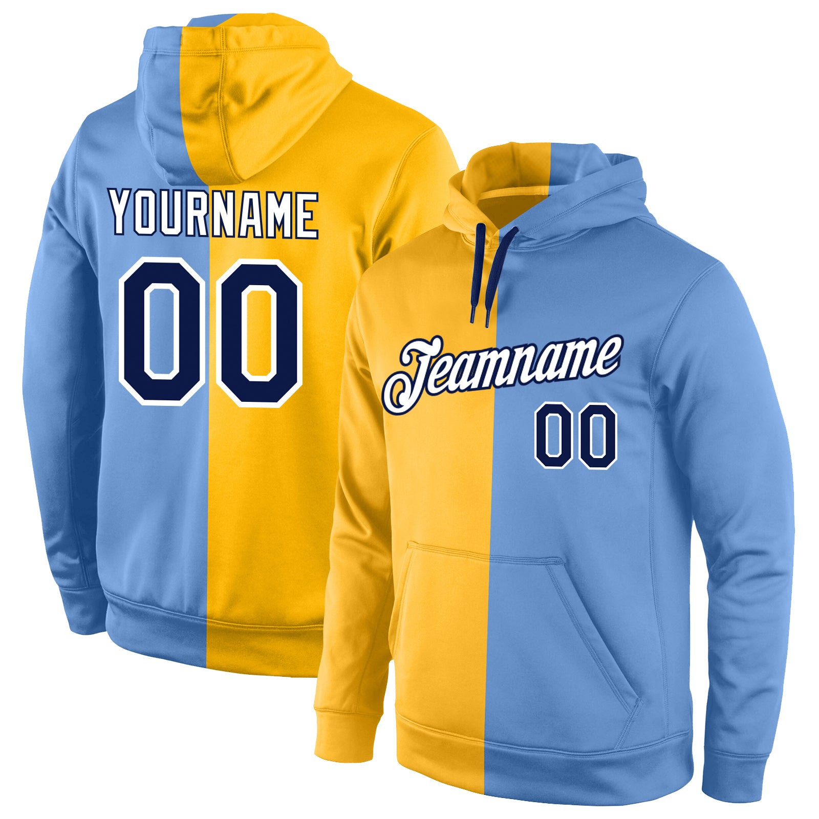 Custom Name Number Hoodie Split Fashion Sports Sweatshirt in Gold Navy Light Blue Stitched Pullover Personalized Stitched