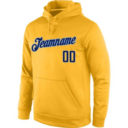 Custom Stitched Sports Hoodie with Gold Navy-Light Blue Design, Personalized Name and Number - Pullover Sweatshirt Personalized